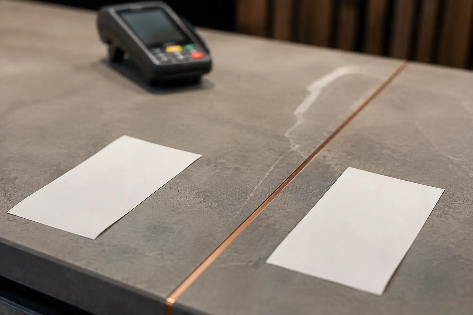 Two real blank receipt slips on opposite sides of a copper seam in a stone counter with an unbranded terminal in the distance